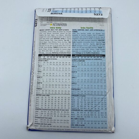 Butterick 5272 Misses Jacket Belt Top Skirt Shorts 8 10 12 Sewing Pattern UC FF - Picture 2 of 3